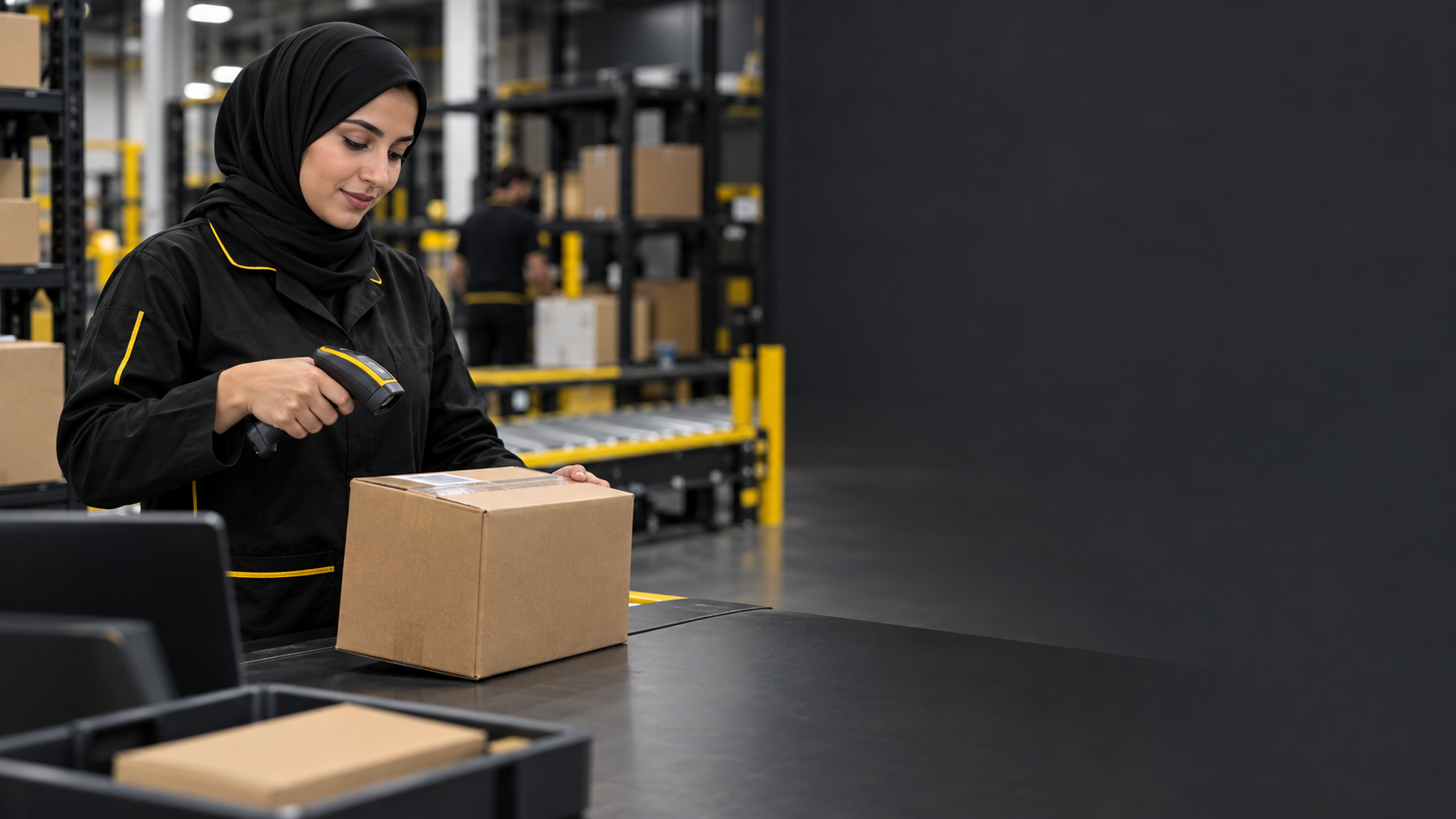 موظفة تمسح طرداً عائداً داخل مستودع لوجستي منظم